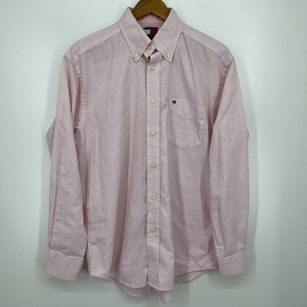 Tommy Hilfiger Mens Pink White Striped Button Shirt Medium Cotton Long Sleeve